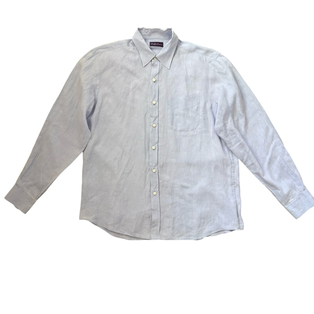 Ralph Lauren Purple Label Made in Italy Linen Button Down Shirt L Blue Sz 17